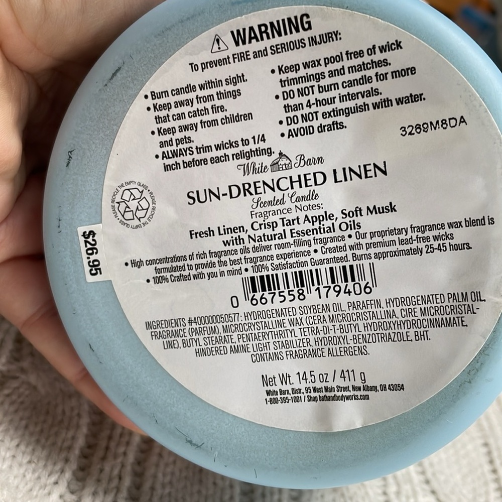 NWT Bath & Body works: sundrenched linen 3 wick candle linen/apple/soft musk - Picture 5 of 10
